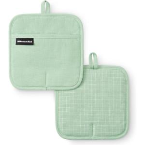 KITCHENAID Gourmet Series Gridlines Pot Holders 2-Pack Set, Heat Resistant up to 600°F, Soft Silicone Grip, Magnetic Cuff, Ink Blue, 8″x8″(Pistachio Green)