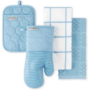 KITCHENAID Quilted Cotton Terry Cloth Oven Mitt, Pot Holder, Kitchen Towel 4-Pack Set, Heat Resistant, Silicone Grip, 16″x26″, 7″x13″ & 7″x10″, Aqua Sky(Blue Velvet)