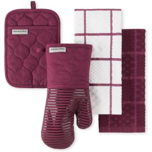 KITCHENAID Quilted Cotton Terry Cloth Oven Mitt, Pot Holder, Kitchen Towel 4-Pack Set, Heat Resistant, Silicone Grip, 16″x26″, 7″x13″ & 7″x10″, Aqua Sky(Beet)