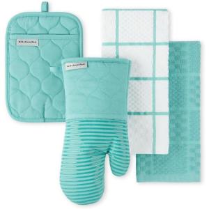 KITCHENAID Quilted Cotton Terry Cloth Oven Mitt, Pot Holder, Kitchen Towel 4-Pack Set, Heat Resistant, Silicone Grip, 16″x26″, 7″x13″ & 7″x10″, Aqua Sky(Aqua Sky)