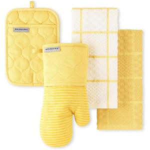 KITCHENAID Quilted Cotton Terry Cloth Oven Mitt, Pot Holder, Kitchen Towel 4-Pack Set, Heat Resistant, Silicone Grip, 16″x26″, 7″x13″ & 7″x10″, Aqua Sky(Butter Yellow)