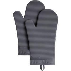 KITCHENAID Ribbed Soft Silicone Oven Mitt 2-Pack Set, 7.5″x13″, Mineral Water Aqua(Charcoal Grey)