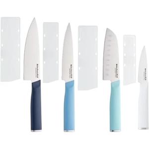 KitchenAid 4 Piece Chef Knife Set with Blade Covers, 6 Inch Chef Knife, 5 Inch Santoku, 5.5 Inch Serrated Utility, 3.5 Inch Paring High Carbon Japanese Steel, Dried Rose(Blue)