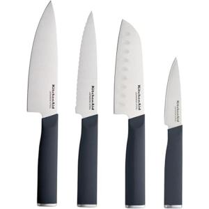 KitchenAid Chef Set with Custom-Fit Covers, Sharp Kitchen Knife, High-Carbon Japanese Stainless Steel Blade, 4 Piece, Multicolor(Charcoal Gray)