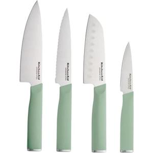 KitchenAid Chef Set with Custom-Fit Covers, Sharp Kitchen Knife, High-Carbon Japanese Stainless Steel Blade, 4 Piece, Multicolor(Pistachio)