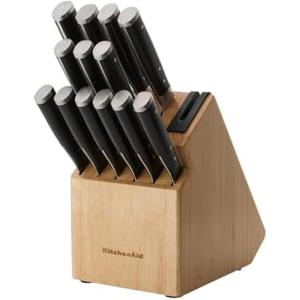 KitchenAid Forged Triple Riveted Knife Block Set with Built-In Knife Sharpener, High Carbon Stainless Steel Kitchen Knives, Sharp Kitchen Knife Set with Block, Black, 14 Piece