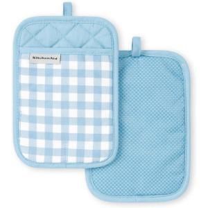 KitchenAid Gingham Pot Holder 2-Pack Set, Aqua Sky, 7″x10″(Blue Velvet)