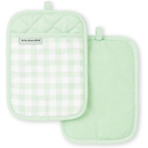 KitchenAid Gingham Pot Holder 2-Pack Set, Aqua Sky, 7″x10″(Pistachio)