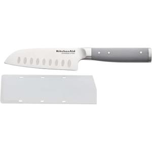 KitchenAid Gourmet Forged Santoku Knife with Custom-Fit Blade Cover, Sharp Kitchen Knife, High-Carbon Japanese Stainless Steel Blade, 5 Inch, Gray(Gray)