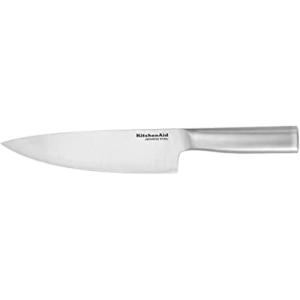 KitchenAid Gourmet Forged Stainless Steel Chef Knife with Custom-Fit Blade Cover, Sharp Kitchen Knife, High-Carbon Japanese Stainless Steel Blade, 8 Inch, Brushed Stainless Steel Handle