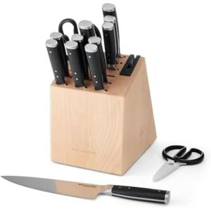 KitchenAid Gourmet Forged Triple Rivet Knife Block Set with Built-in Knife Sharpener, High Carbon Japanese Stainless Steel Kitchen Knives, Sharp Kitchen Knife Set with Block, Birchwood, 14-Piece(Birchwood)