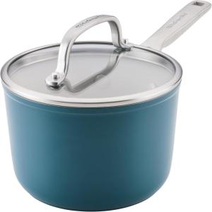 KitchenAid Hard Anodized Ceramic Induction Nonstick Cookware Saucepan with Lid, Dishwasher Safe, 2 Quart Non Stick Sauce Pan with Stainless Steel Handle – Agave Blue(Agave)
