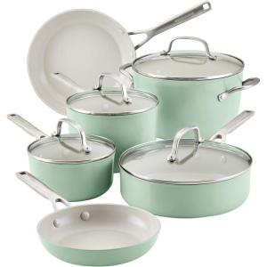 KitchenAid Hard Anodized Ceramic Induction Pots and Pans, Dishwasher Safe, Includes Saucepans, Stockpot, Sauté Pan, Frying Pans/Skillets, and Lids, 10 Piece Cookware Set – Agave Blue(Pistachio)
