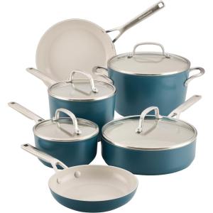 KitchenAid Hard Anodized Ceramic Induction Pots and Pans, Dishwasher Safe, Includes Saucepans, Stockpot, Sauté Pan, Frying Pans/Skillets, and Lids, 10 Piece Cookware Set – Agave Blue(Agave)