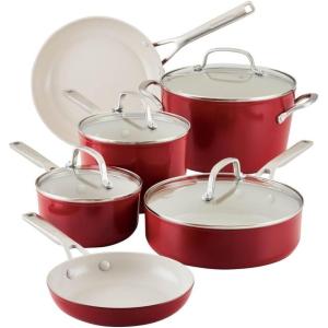 KitchenAid Hard Anodized Ceramic Induction Pots and Pans, Dishwasher Safe, Includes Saucepans, Stockpot, Sauté Pan, Frying Pans/Skillets, and Lids, 10 Piece Cookware Set – Agave Blue(Empire Red)