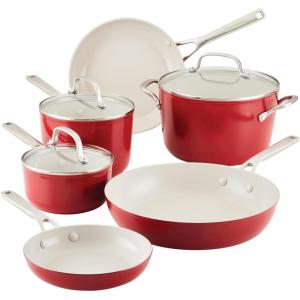 KitchenAid Hard Anodized Ceramic Nonstick Cookware Pots and Pans Set, 9 Piece – Matte Black(Empire Red)