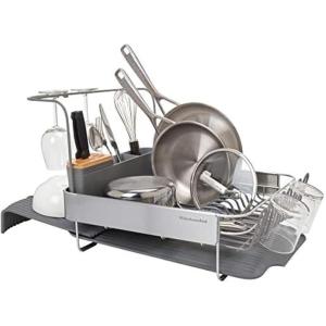 KitchenAid Large Capacity Full Size Rust Resistant Dish Rack with Angled Drain Board and Removable Flatware Caddy, Light Grey(Charcoal)