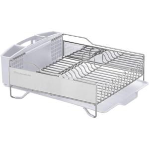 KitchenAid Large Capacity Full Size Rust Resistant Dish Rack with Angled Drain Board and Removable Flatware Caddy, Light Grey(White)
