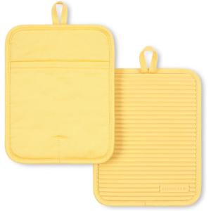 KitchenAid Ribbed Soft Silicone Pot Holder 2-Pack Set, Mineral Water Aqua, 7″x9″(Butter Yellow)