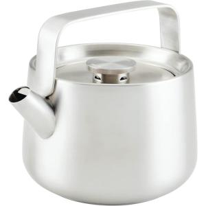 KitchenAid Teakettles Enamel-on-Steel Stovetop Whistling Teakettle, Induction Ready, Stainless steel Lid, 2 Quart – White(Brushed Stainless Steel)