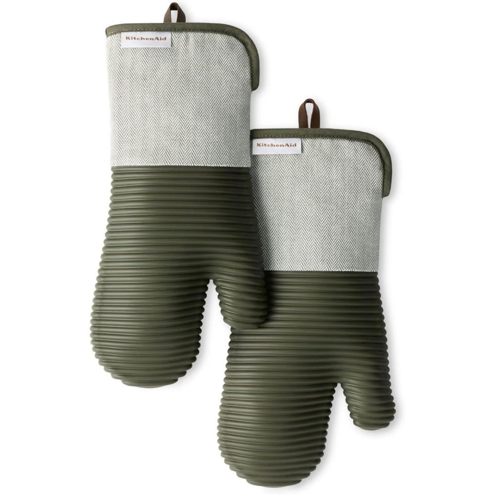 imageKITCHENAID Evergreen Design Series Herringbone Ribbed Soft Silicone Oven Mitts 2Pack Set Heat Resistant up to 500F Flexible amp Waterproof Deep Forest Green 7x14