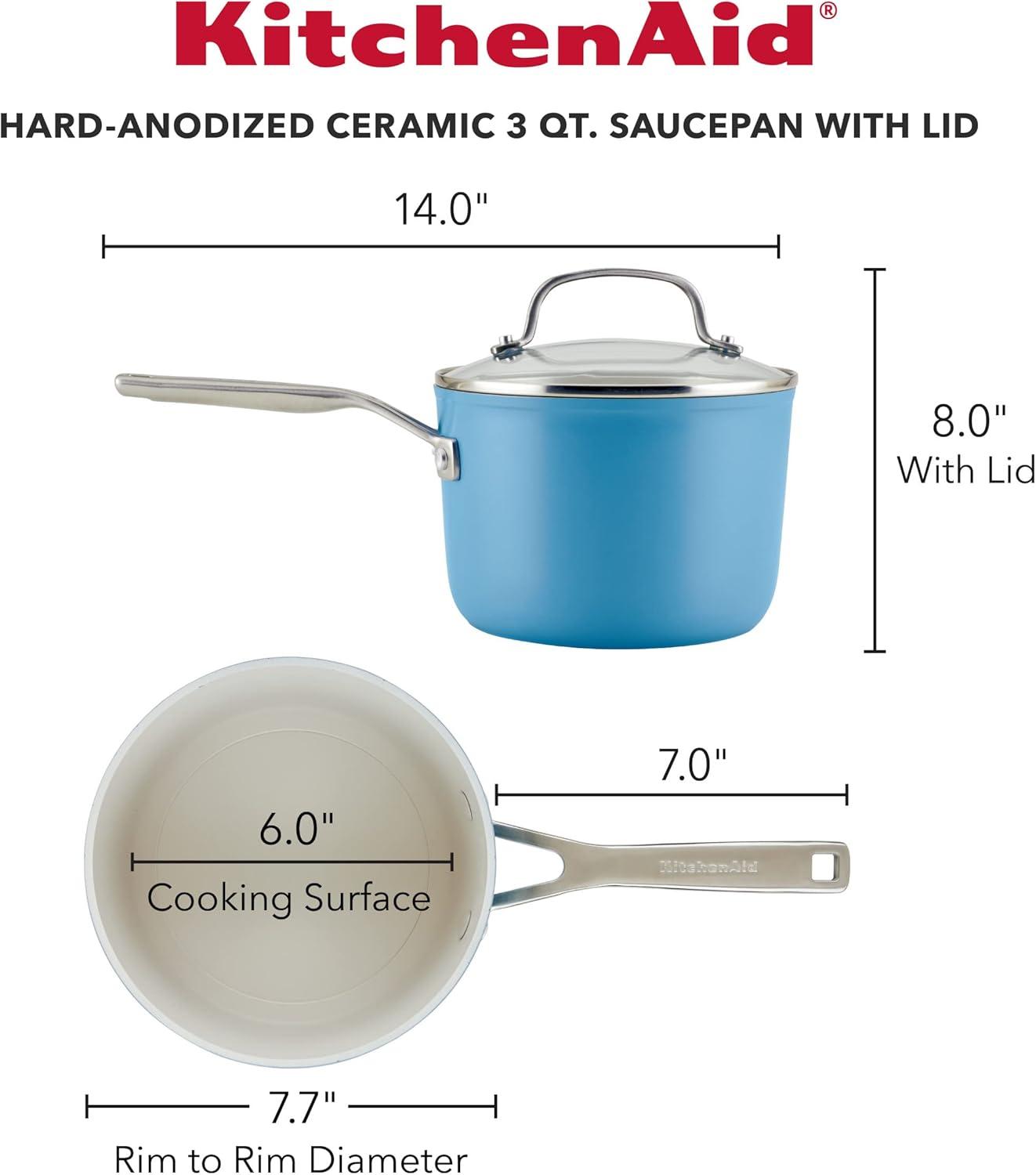 imageKitchenAid Hard Anodized Ceramic Nonstick Cookware Sauce Pan with Lid 3 Quart PistachioBlue Velvet