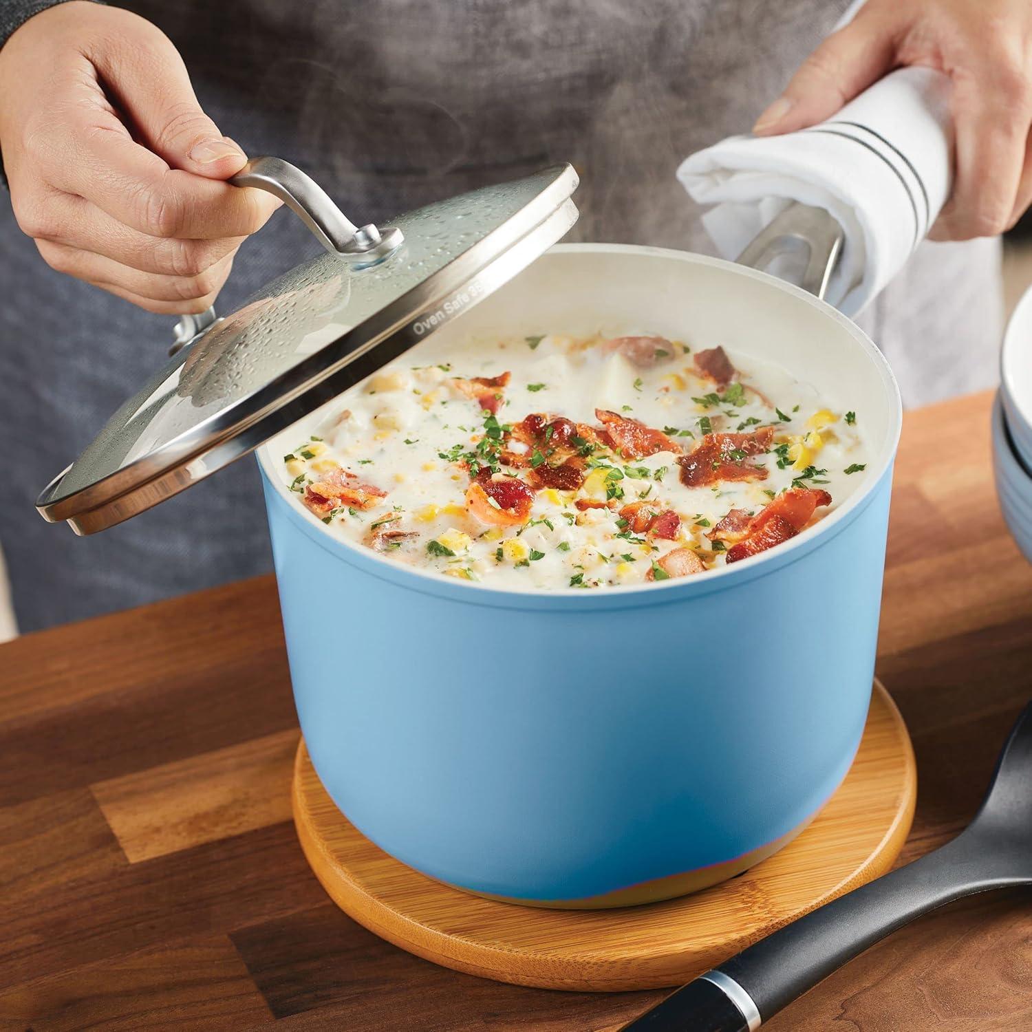 imageKitchenAid Hard Anodized Ceramic Nonstick Cookware Sauce Pan with Lid 3 Quart PistachioBlue Velvet