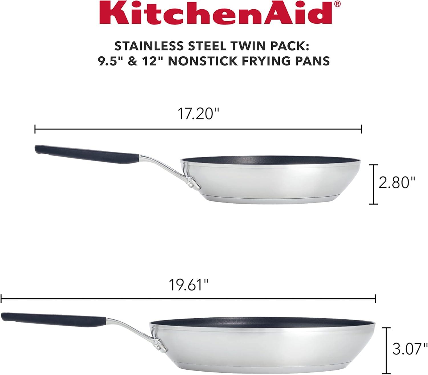 imageKitchenAid Stainless Steel Nonstick Frying PansSkillet Set 95 Inch and 12 Inch Brushed Stainless SteelBrushed Stainless Steel