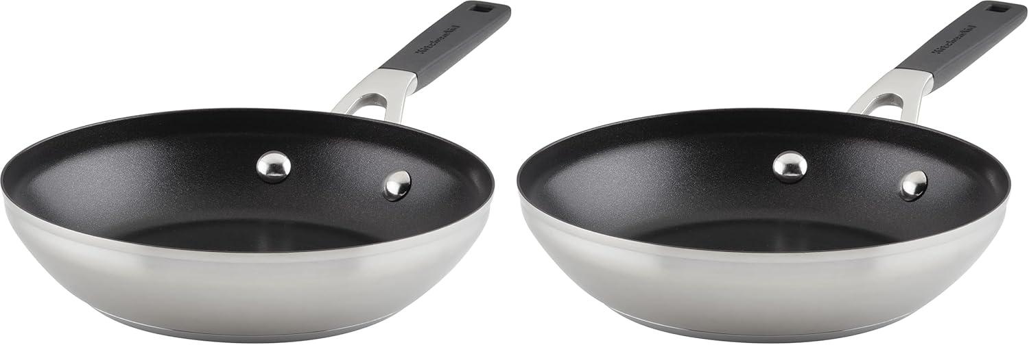 imageKitchenAid Stainless Steel Nonstick Frying PansSkillet Set 95 Inch and 12 Inch Brushed Stainless SteelBrushed Stainless Steel