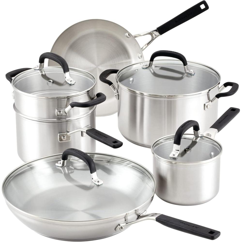 imageKitchenAid Stainless Steel CookwarePots and Pans Set 10 Piece Brushed Stainless Steel