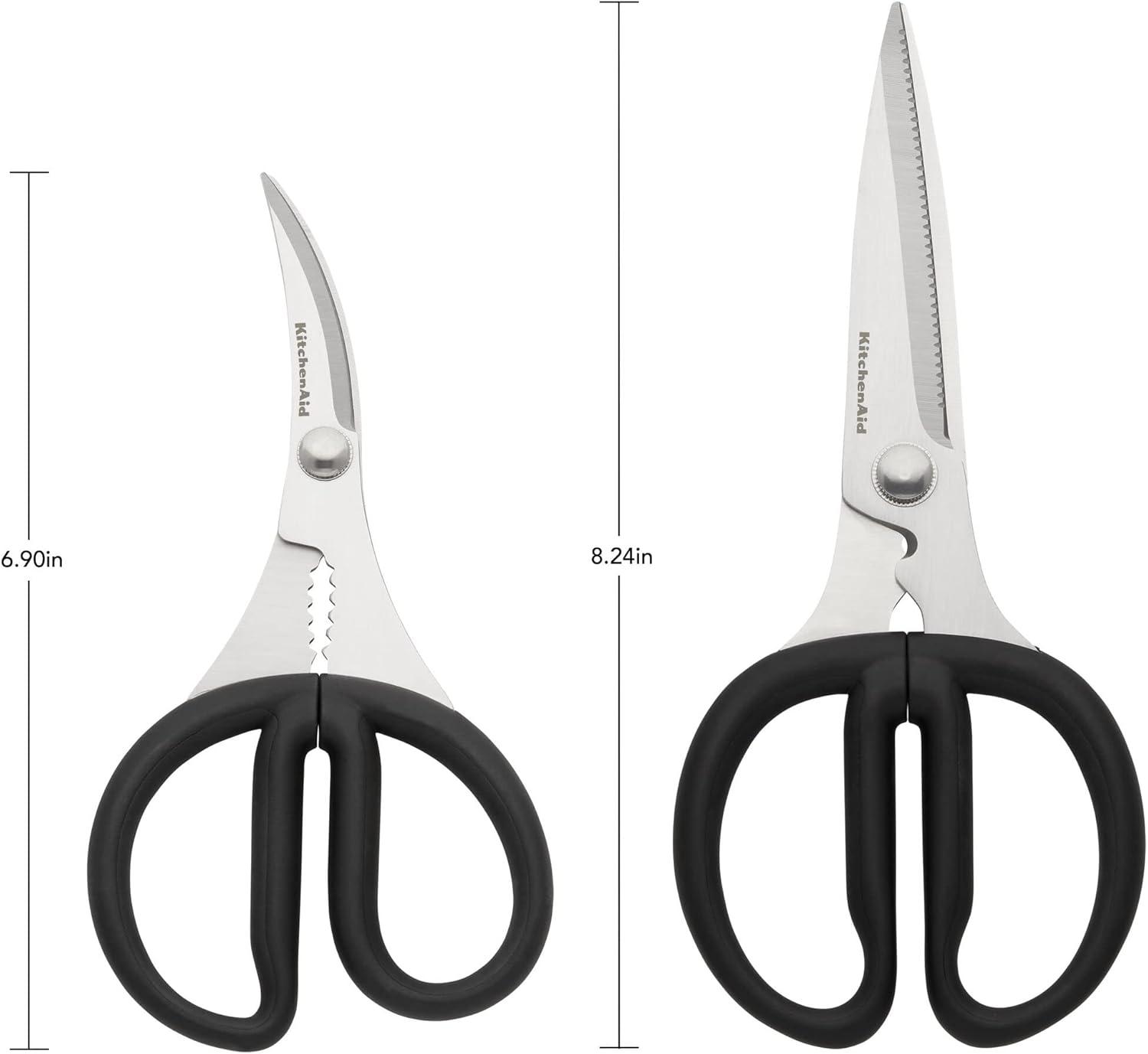 imageKitchenAid Stainless Steel Set of 2 All Purpose and Seafood Shears Set with Soft Touch Handles and Protective Sheath Curved Handle to Cut Crustacean Shell Dishwasher Safe Black