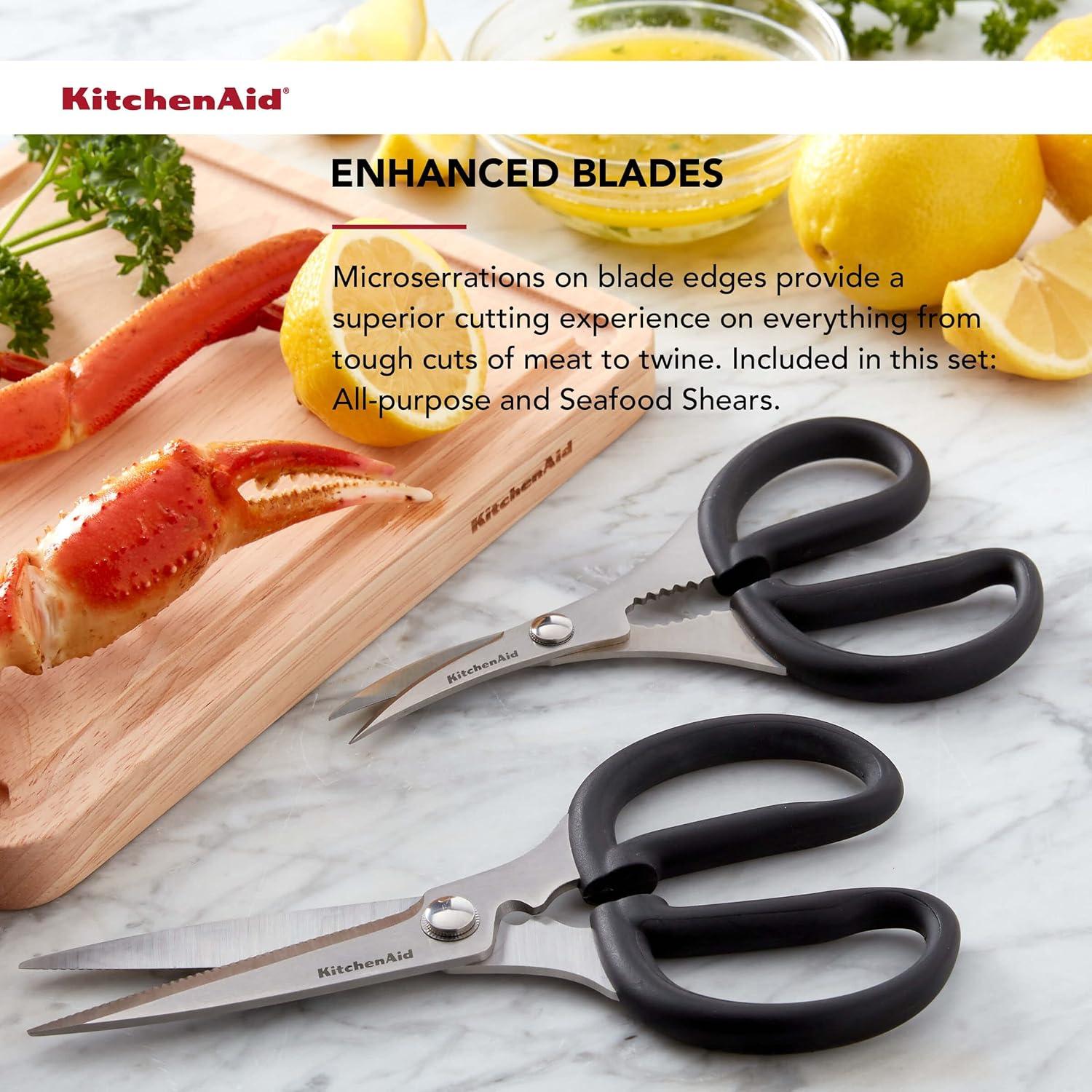 imageKitchenAid Stainless Steel Set of 2 All Purpose and Seafood Shears Set with Soft Touch Handles and Protective Sheath Curved Handle to Cut Crustacean Shell Dishwasher Safe Black