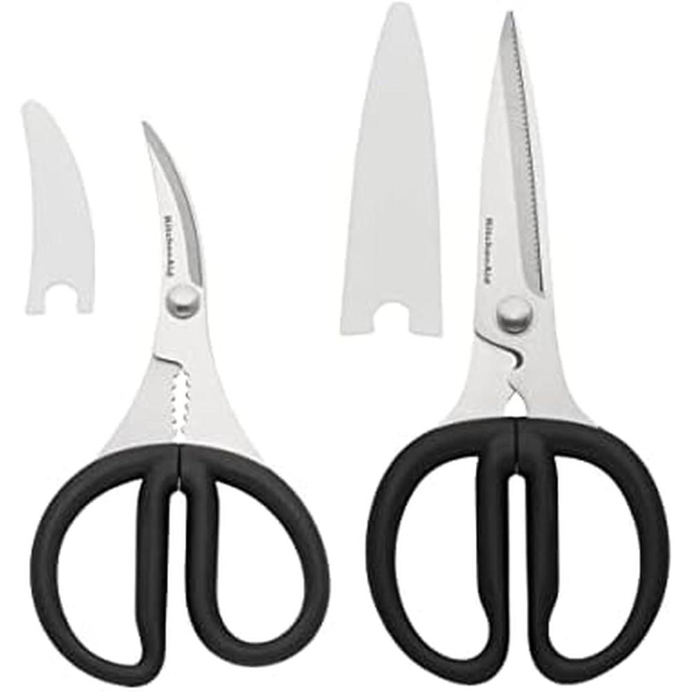 imageKitchenAid Stainless Steel Set of 2 All Purpose and Seafood Shears Set with Soft Touch Handles and Protective Sheath Curved Handle to Cut Crustacean Shell Dishwasher Safe Black