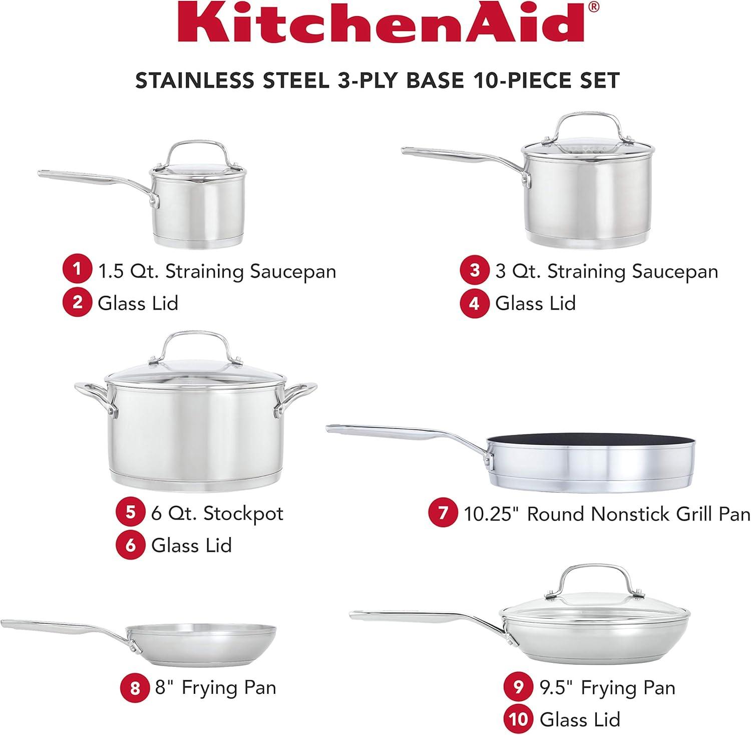 imageKitchenAid 3Ply Base Brushed Stainless Steel Induction Pots and Pans Set with Nonstick Round Grill Pan and Lids Dishwasher Safe 10 Piece Cookware Set Brushed Stainless Steel