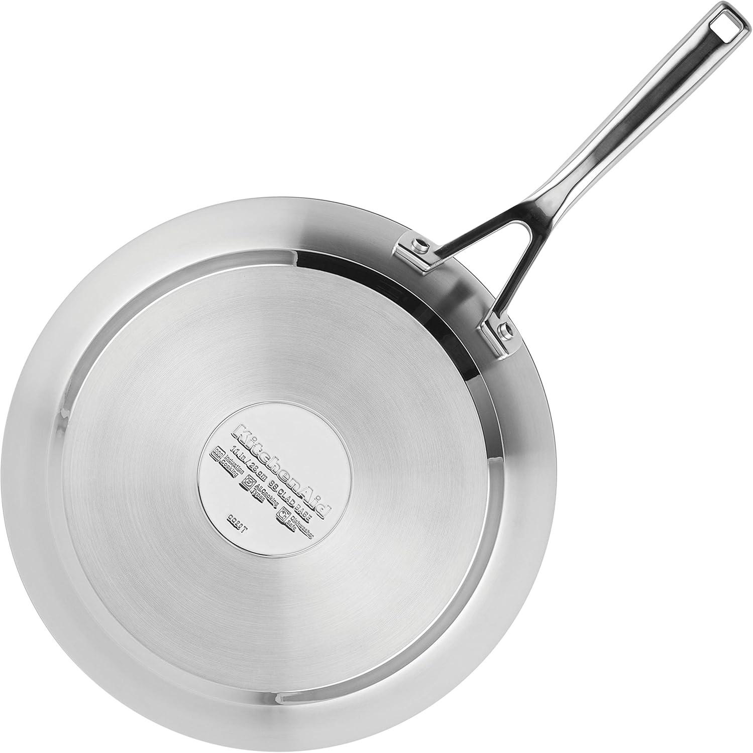 imageKitchenAid 3Ply Base Brushed Stainless Steel Induction Pots and Pans Set with Nonstick Round Grill Pan and Lids Dishwasher Safe 10 Piece Cookware Set Brushed Stainless Steel