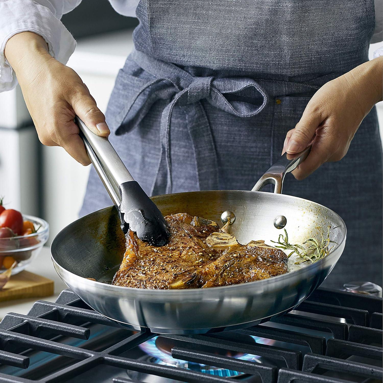 imageKitchenAid 3Ply Base Brushed Stainless Steel Induction Pots and Pans Set with Nonstick Round Grill Pan and Lids Dishwasher Safe 10 Piece Cookware Set Brushed Stainless Steel