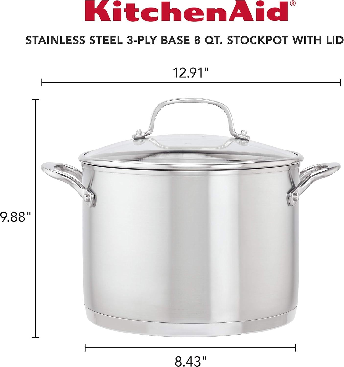 imageKitchenAid 71003 3Ply Base Brushed Stainless Steel Stock PotStockpot with Lid 8 Quart