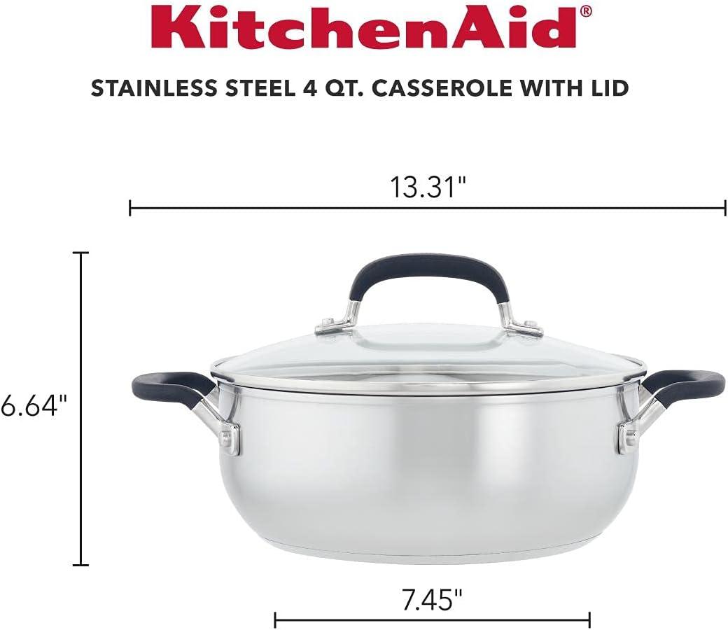imageKitchenAid 71011 3Ply Base Brushed Stainless Steel Casserole DishPan with Lid 4 QuartBrushed Stainless Steel