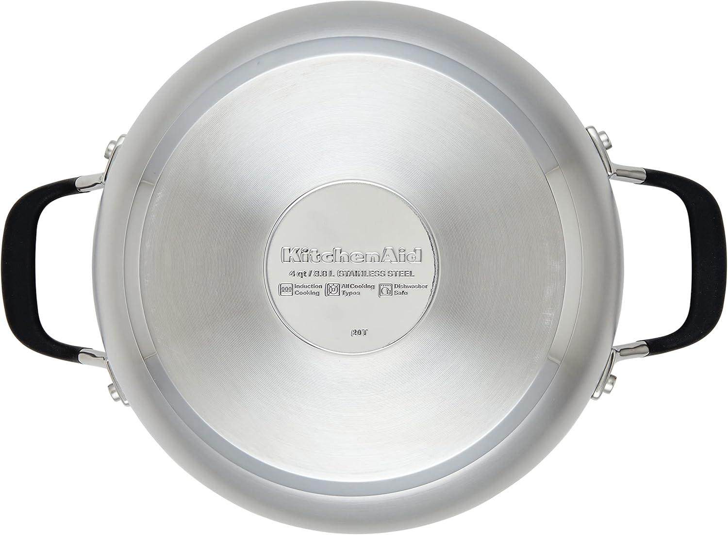 imageKitchenAid 71011 3Ply Base Brushed Stainless Steel Casserole DishPan with Lid 4 QuartBrushed Stainless Steel