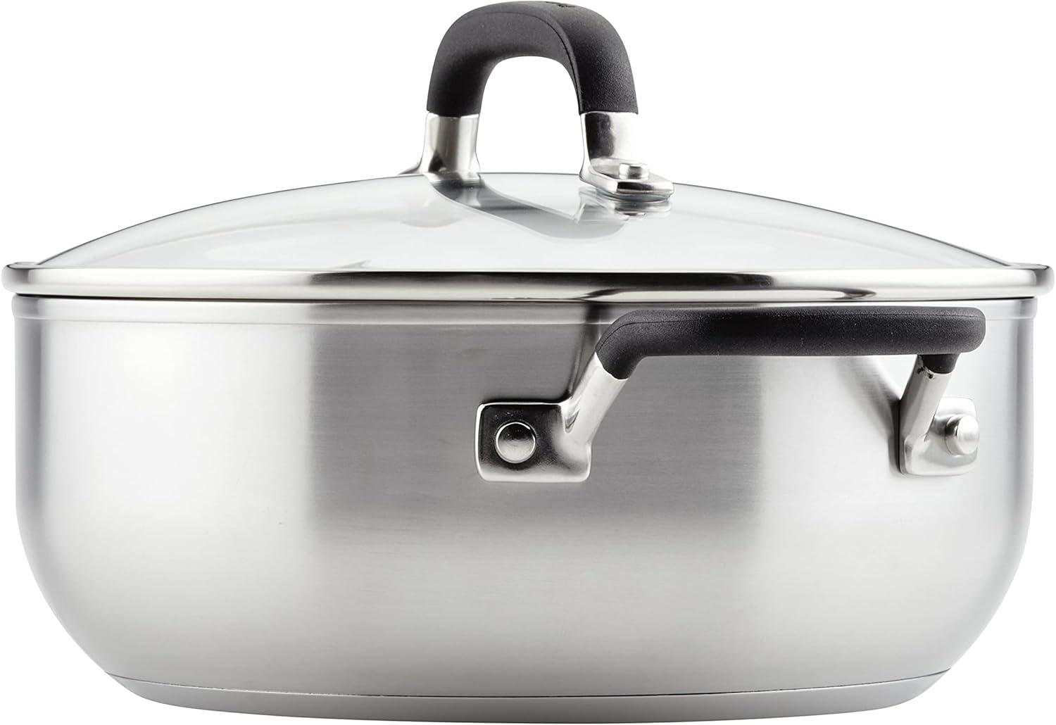 imageKitchenAid 71011 3Ply Base Brushed Stainless Steel Casserole DishPan with Lid 4 QuartBrushed Stainless Steel