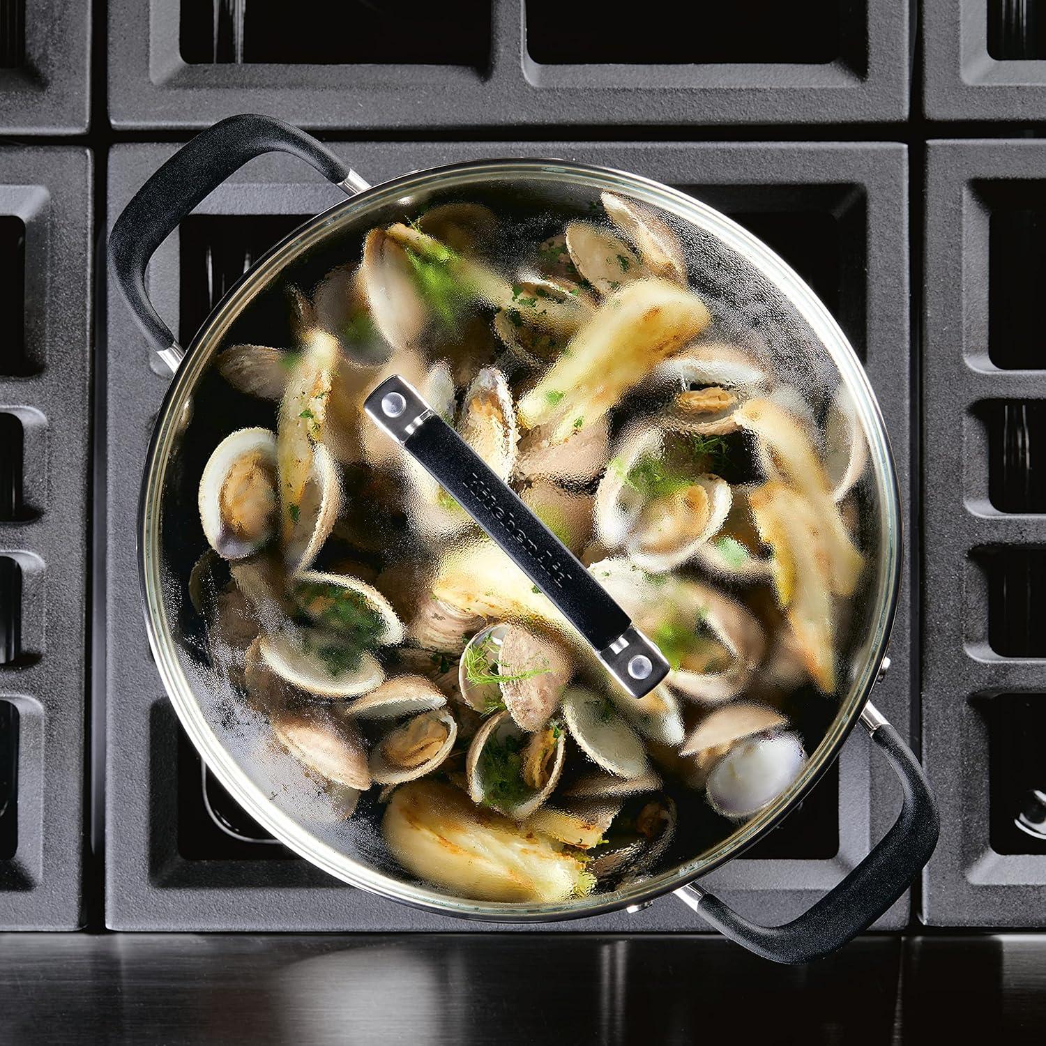 imageKitchenAid 71011 3Ply Base Brushed Stainless Steel Casserole DishPan with Lid 4 QuartBrushed Stainless Steel