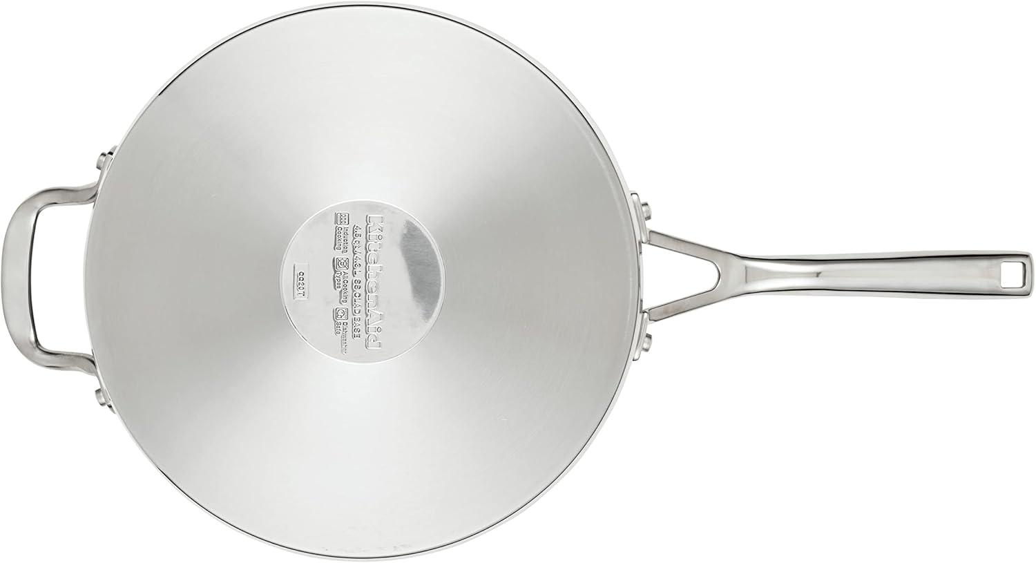 imageKitchenAid 71027 3Ply Base Brushed Stainless Steel Deep Saute Pan with Helper Handle and Lid 45 Quart Brushed Stainless Steel