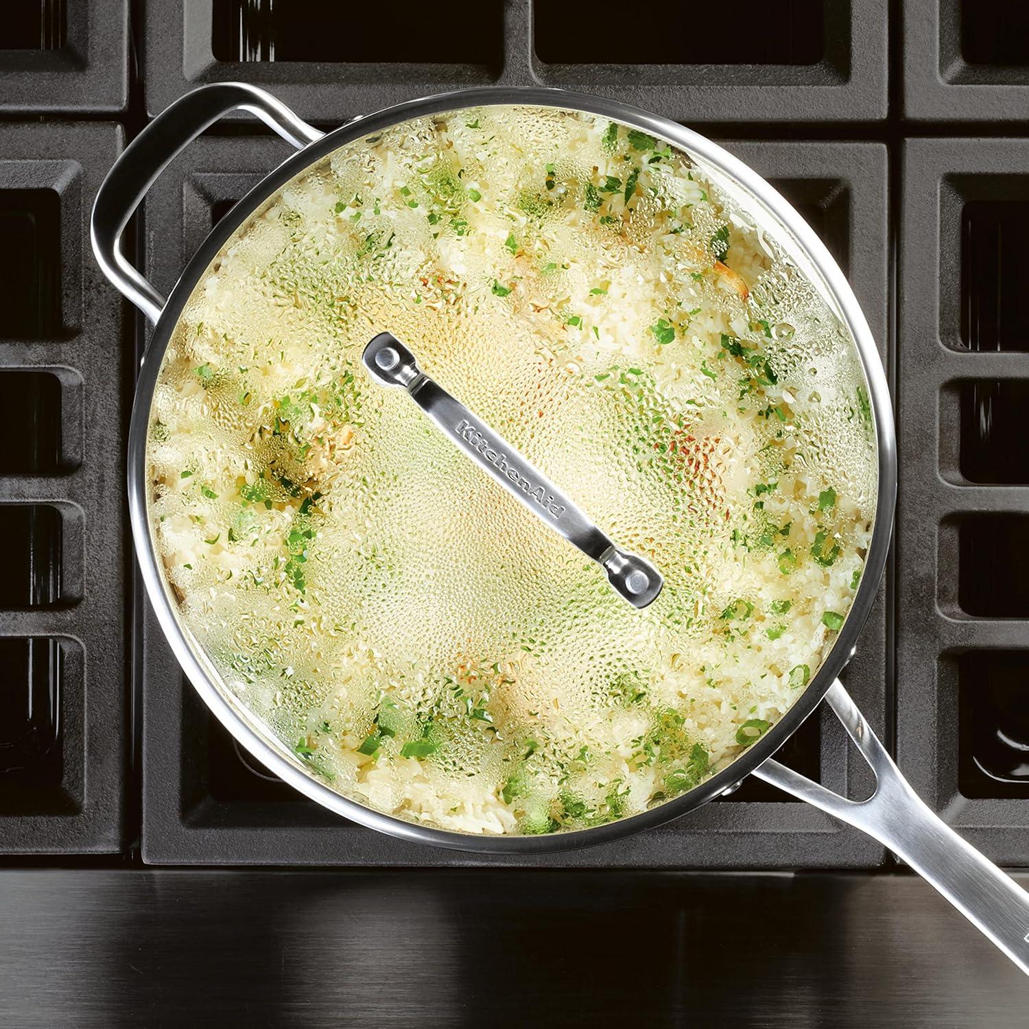 imageKitchenAid 71027 3Ply Base Brushed Stainless Steel Deep Saute Pan with Helper Handle and Lid 45 Quart Brushed Stainless Steel