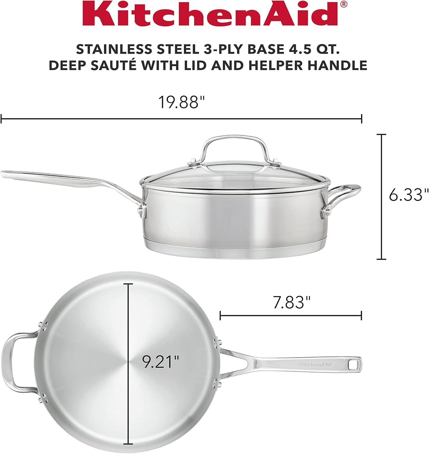 imageKitchenAid 71027 3Ply Base Brushed Stainless Steel Deep Saute Pan with Helper Handle and Lid 45 Quart Brushed Stainless Steel