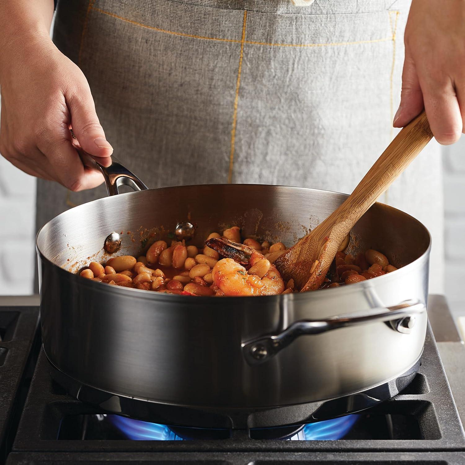 imageKitchenAid 71027 3Ply Base Brushed Stainless Steel Deep Saute Pan with Helper Handle and Lid 45 Quart Brushed Stainless Steel