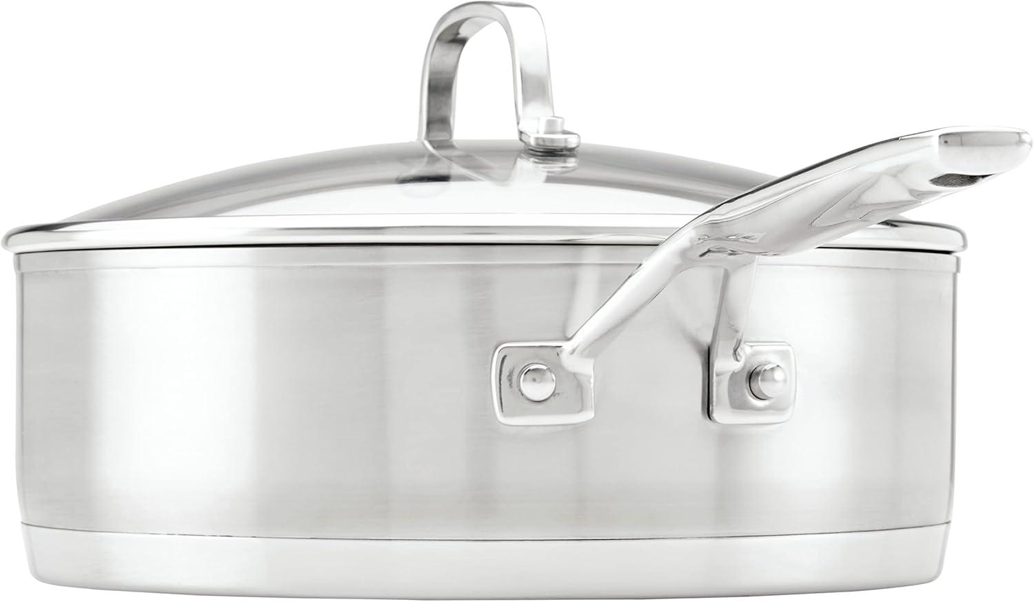 imageKitchenAid 71027 3Ply Base Brushed Stainless Steel Deep Saute Pan with Helper Handle and Lid 45 Quart Brushed Stainless Steel