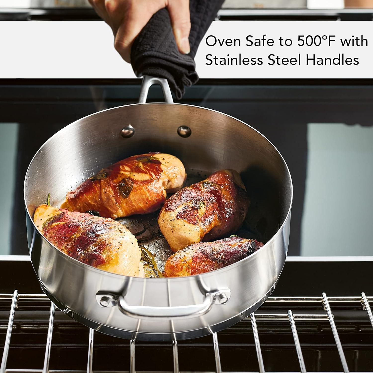 imageKitchenAid 71027 3Ply Base Brushed Stainless Steel Deep Saute Pan with Helper Handle and Lid 45 Quart Brushed Stainless Steel