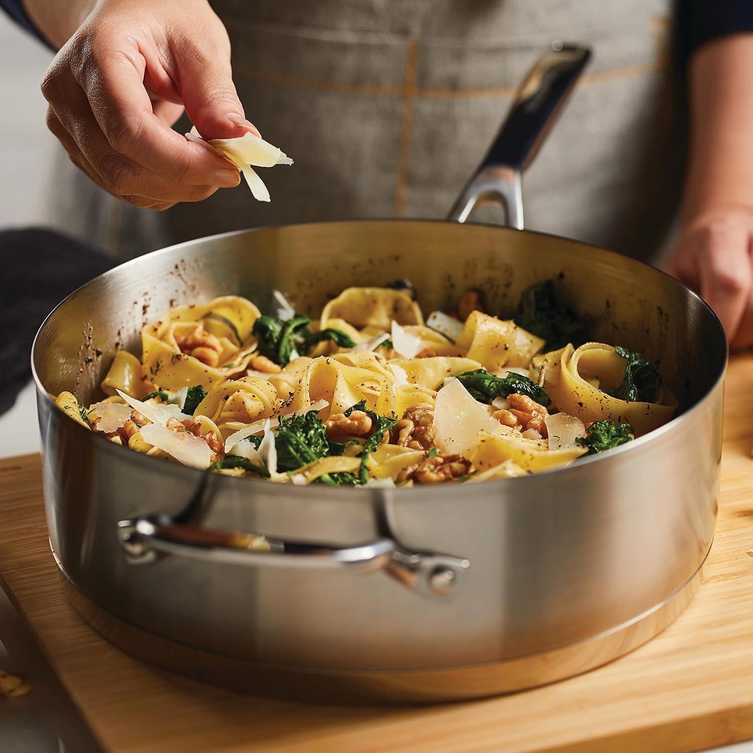 imageKitchenAid 71027 3Ply Base Brushed Stainless Steel Deep Saute Pan with Helper Handle and Lid 45 Quart Brushed Stainless Steel
