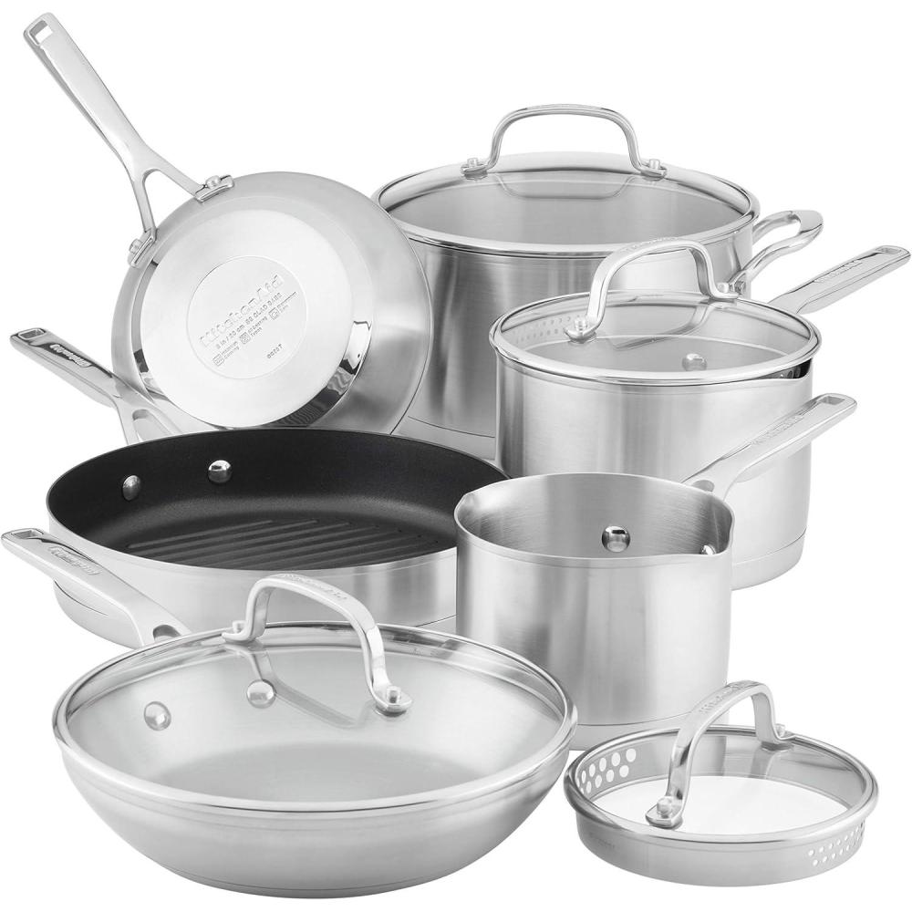 imageKitchenAid 3Ply Base Brushed Stainless Steel Induction Pots and Pans Set with Nonstick Round Grill Pan and Lids Dishwasher Safe 10 Piece Cookware Set Brushed Stainless Steel