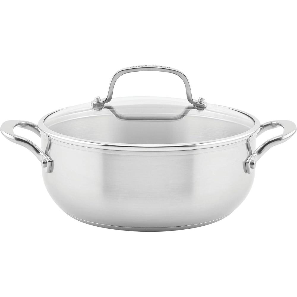 imageKitchenAid 71011 3Ply Base Brushed Stainless Steel Casserole DishPan with Lid 4 QuartSilver